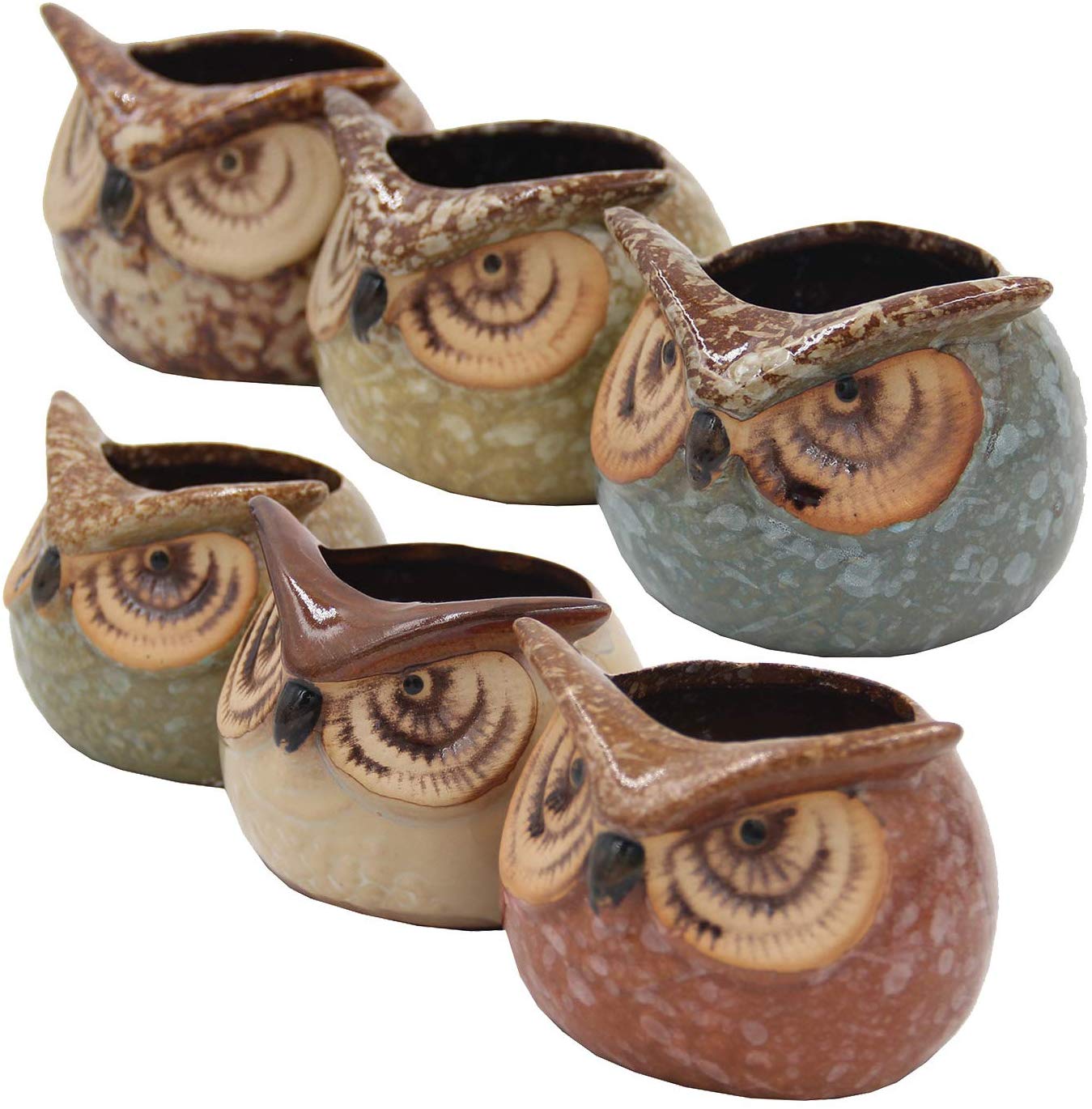 Set of 6 Owl Pots, Cute Little Ceramic Succulent Cactus Plant Pot Flower (SIX POTS # 3) - DharmaObjects