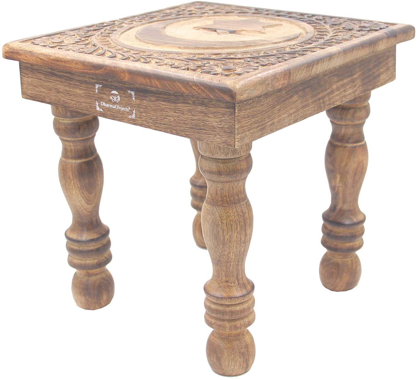 Solid Mango Wood Hand Carved Puja Shrine Altar Meditation Table (Star Moon) - DharmaObjects