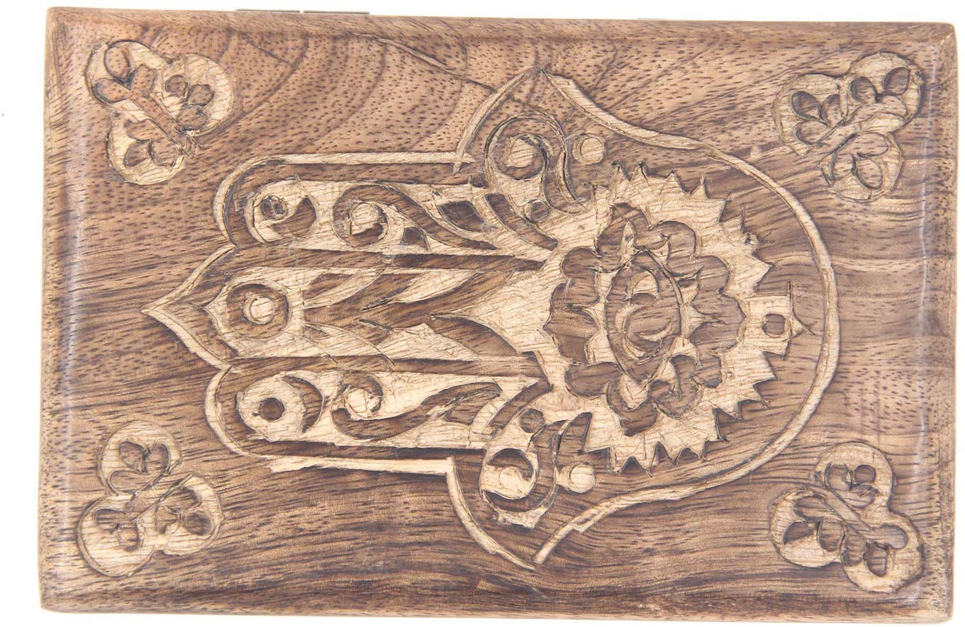 Hamsa Hand of Fatima Hand Carved Jewelry Trinket Keepsake Wooden Storage Box (Fatima Hand, Medium) - DharmaObjects