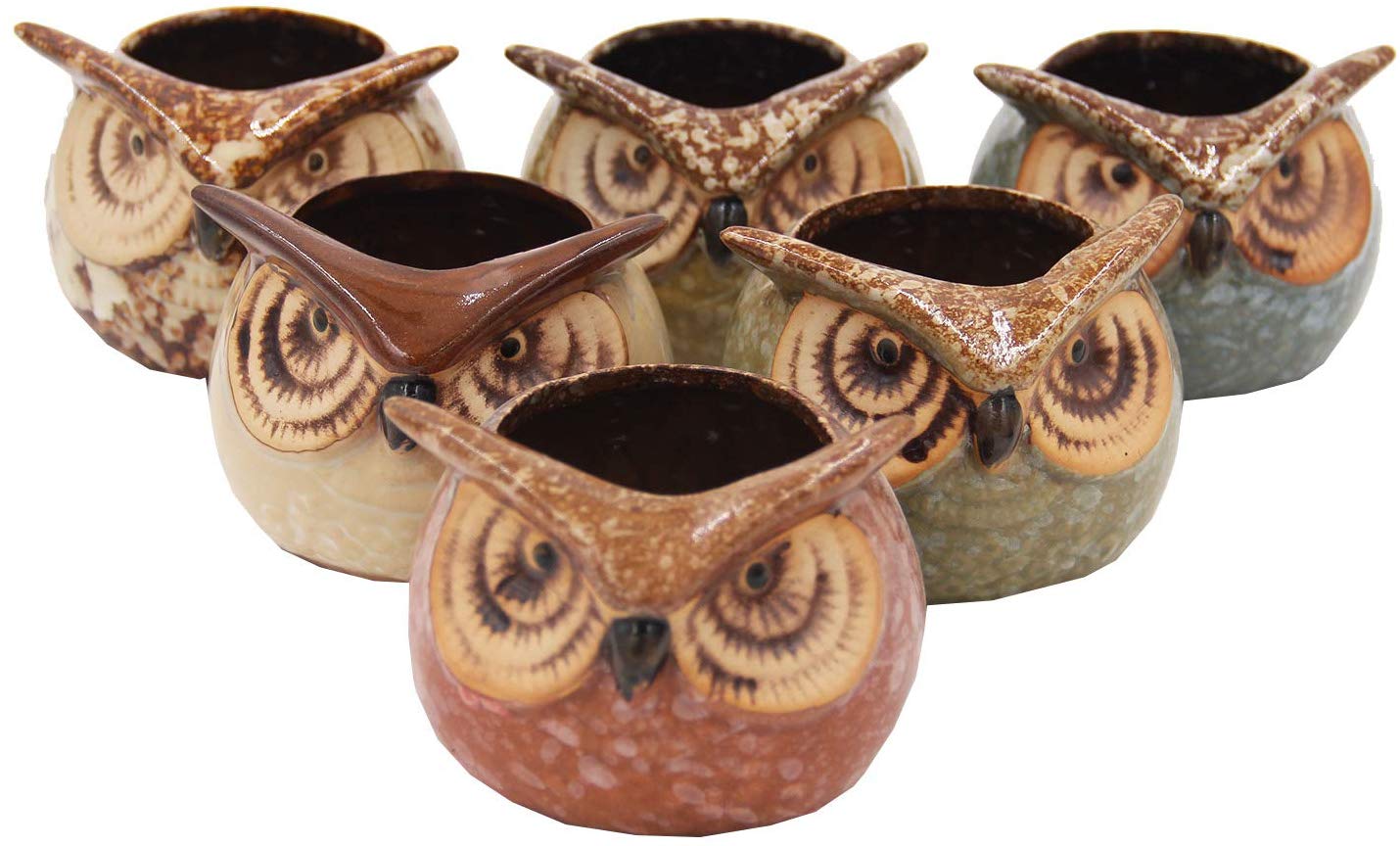 Set of 6 Owl Pots, Cute Little Ceramic Succulent Cactus Plant Pot Flower (SIX POTS # 3) - DharmaObjects