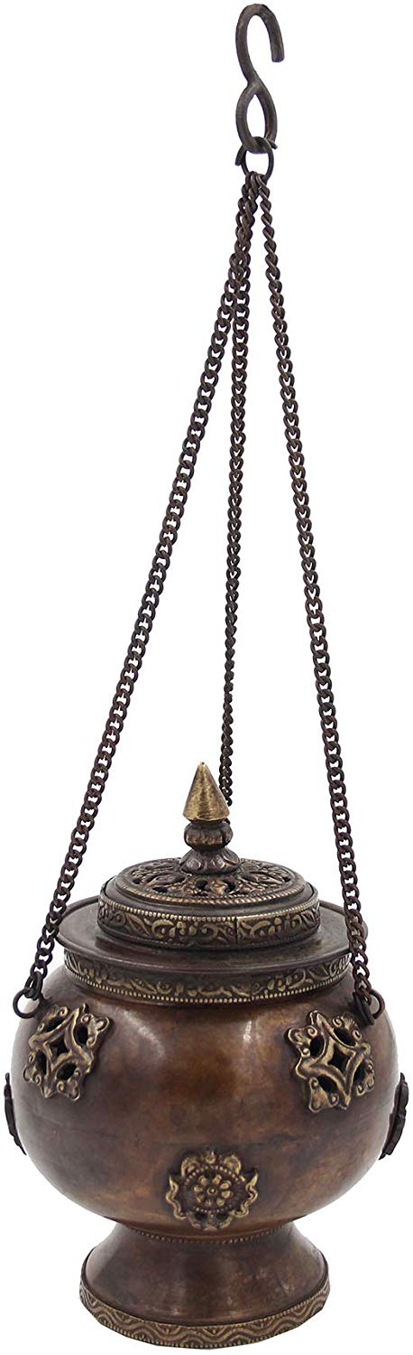 Tibetan Traditional Hanging Incense Burner Copper (6 x 4.5 x 4.5 Inches, Hanging 8) - DharmaObjects
