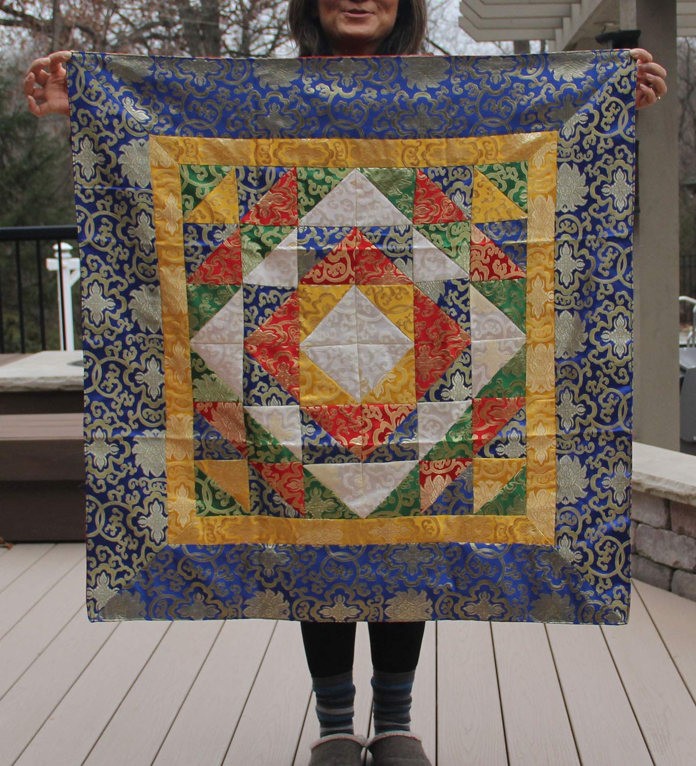 Tibetan Patch Silk Brocade Table Runner/Shrine Cover/Altar Cloth/Table Cover (37 X 37 Inches) - DharmaObjects