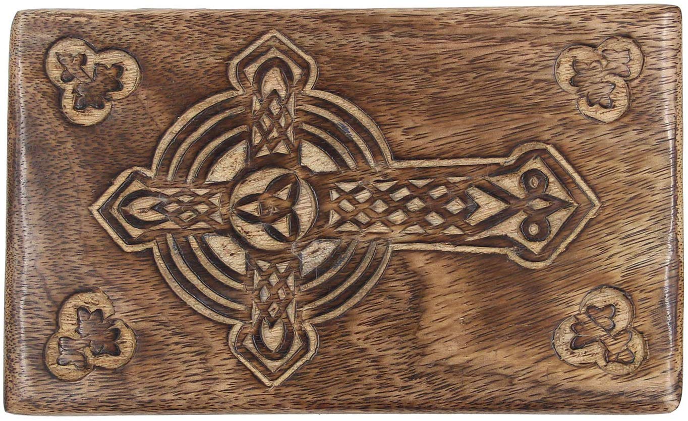 Hand Carved Jewelry Trinket Keepsake Wooden Storage Box (Large, Celtic Cross) - DharmaObjects