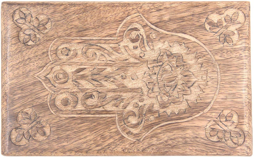 Hamsa Hand of Fatima Hand Carved Jewelry Trinket Keepsake Wooden Storage Box (Fatima Hand, Large) - DharmaObjects