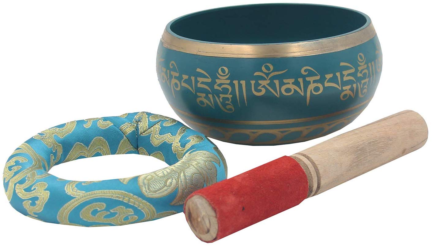 Tibetan Meditation Om Mani Padme Hum Singing Bowl Complete Set (X-Large, Turquoise) - DharmaObjects