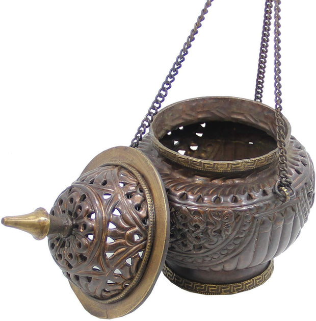 Tibetan Hanging Incense Burner ~ Copper w/Tibetan Symbols ~ 5" High - DharmaObjects
