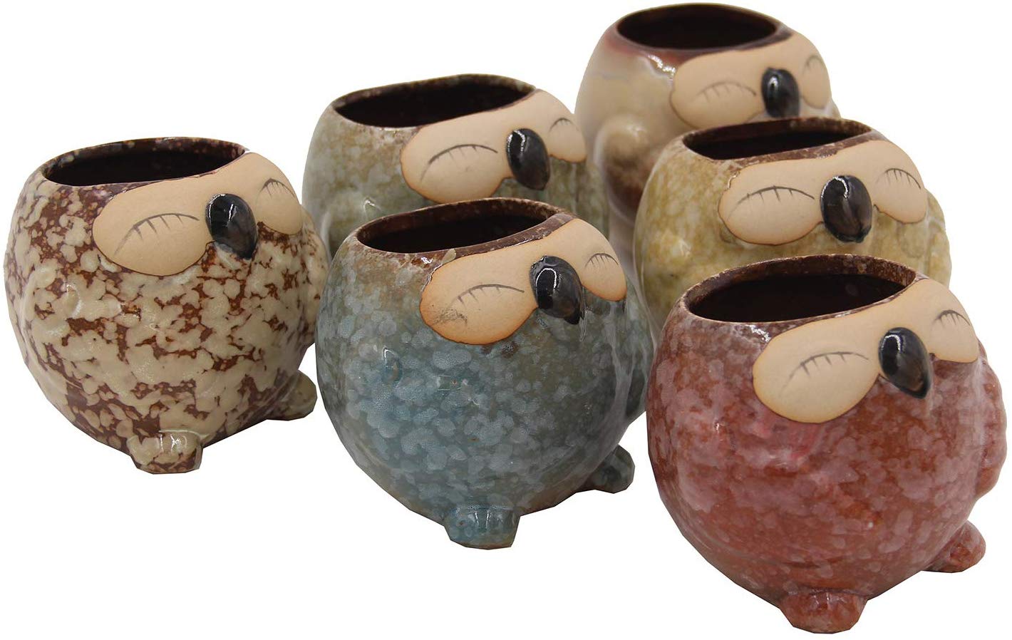 Set of 6 Owl Pots, Cute Little Ceramic Succulent Cactus Plant Pot Flower (SIX POTS # 2) - DharmaObjects