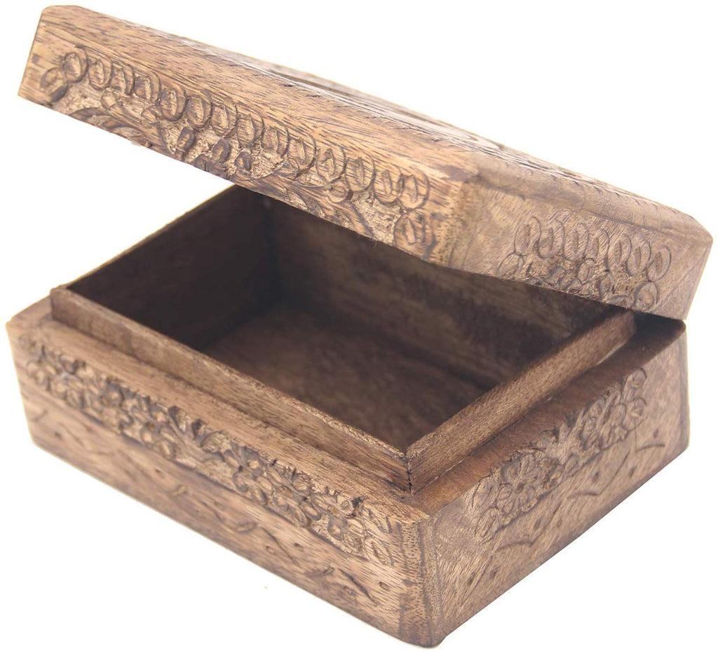 Hamsa Hand of Fatima Hand Carved Jewelry Trinket Keepsake Wooden Storage Box (Fatima Hand, Medium) - DharmaObjects