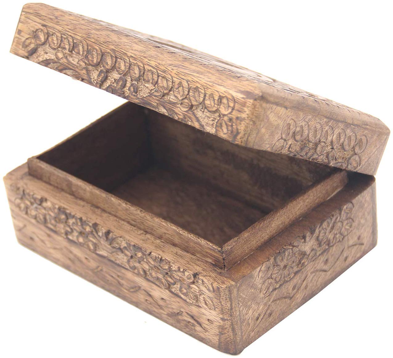Hamsa Hand of Fatima Hand Carved Jewelry Trinket Keepsake Wooden Storage Box (Fatima Hand, Medium) - DharmaObjects