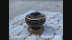 Decorated Brass Charcoal Screen Incense Burner with Wooden Coaster 3 Pcs Set 2” Tall