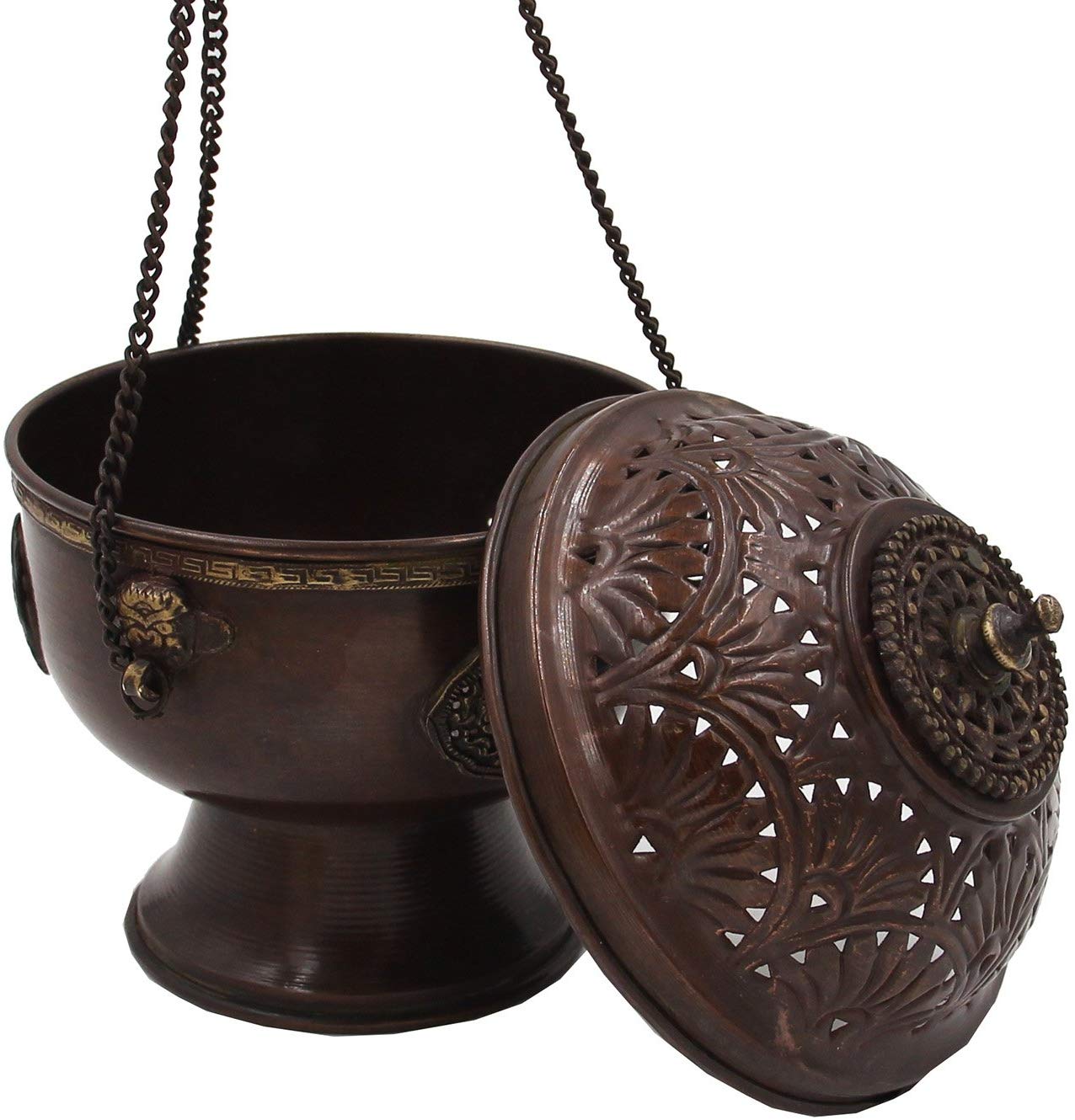 Tibetan Hanging Incense Burner ~ Copper w/Tibetan Symbols ~ 7" High - DharmaObjects