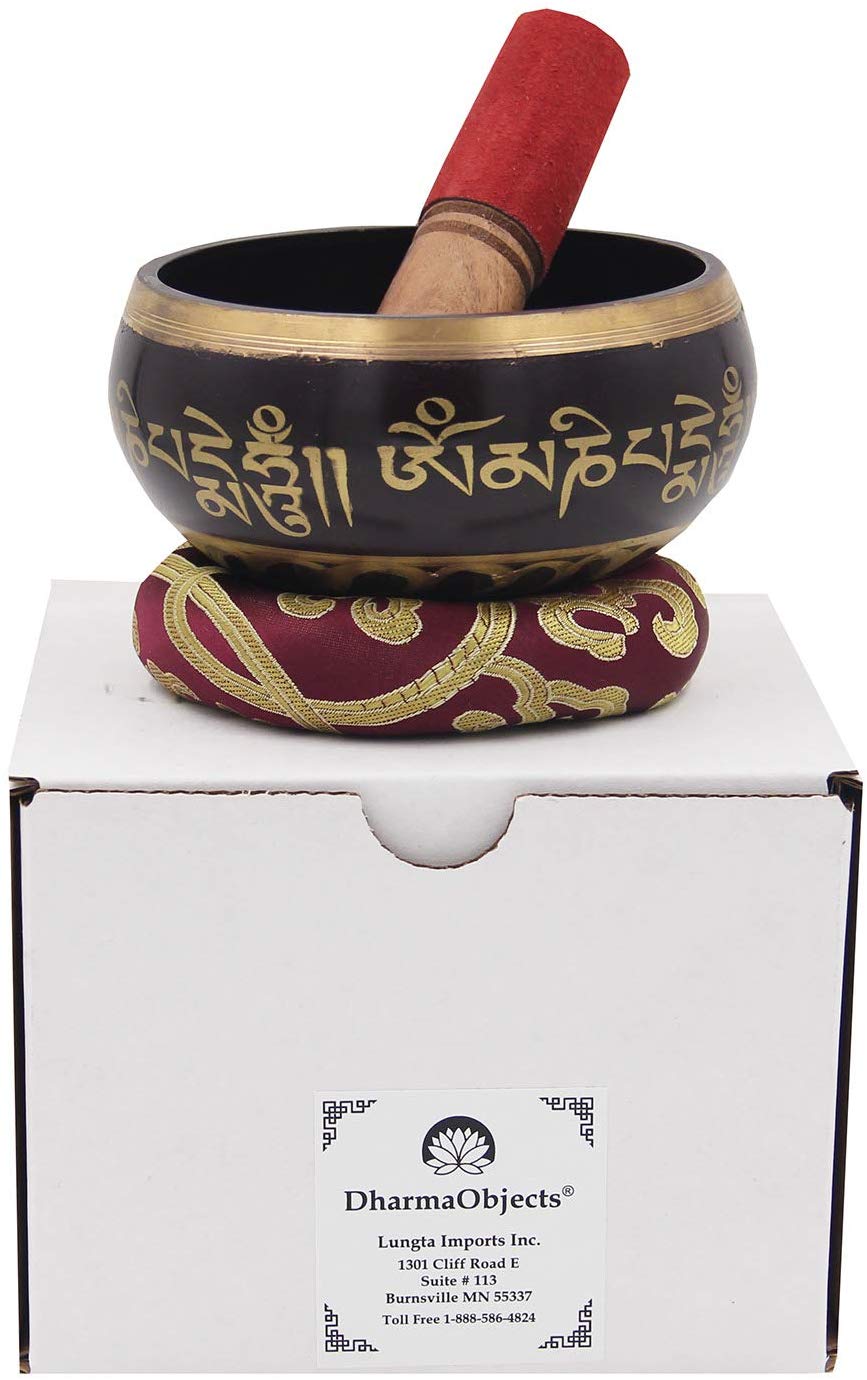 Medium Tibetan Meditation Om Mani Padme Hum Peace Singing Bowl With Mallet - DharmaObjects