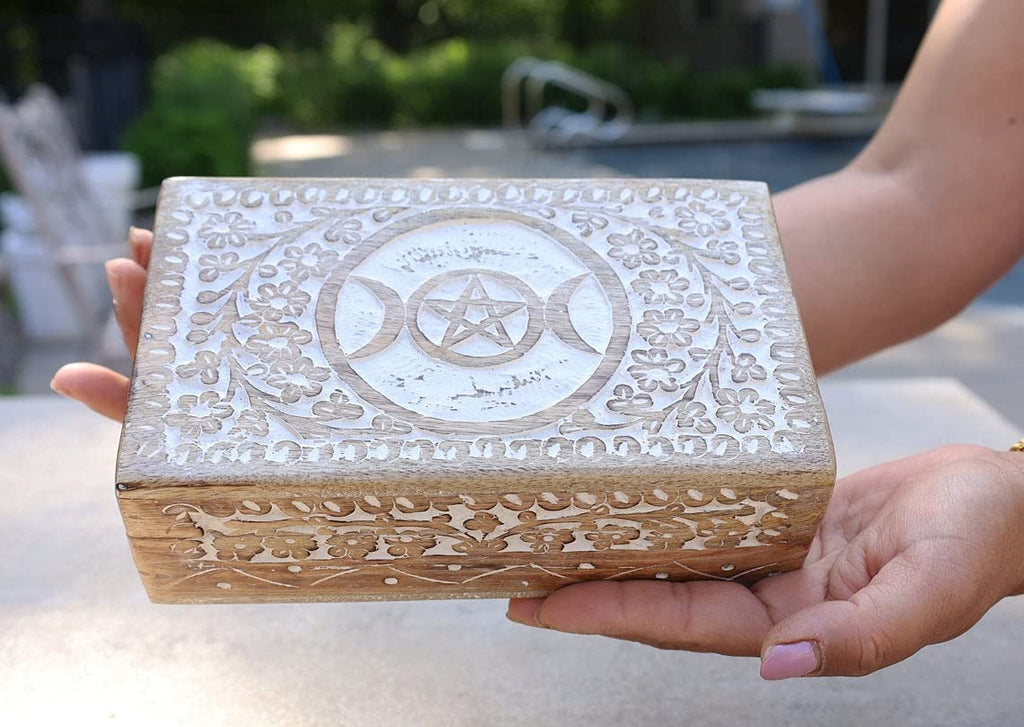 Triple Moon Hand Carved Jewelry Trinket Keepsake Wooden Storage Box (Triple Moon, Large) - DharmaObjects