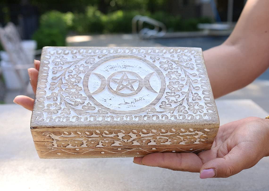 Triple Moon Hand Carved Jewelry Trinket Keepsake Wooden Storage Box (Triple Moon, Large) - DharmaObjects