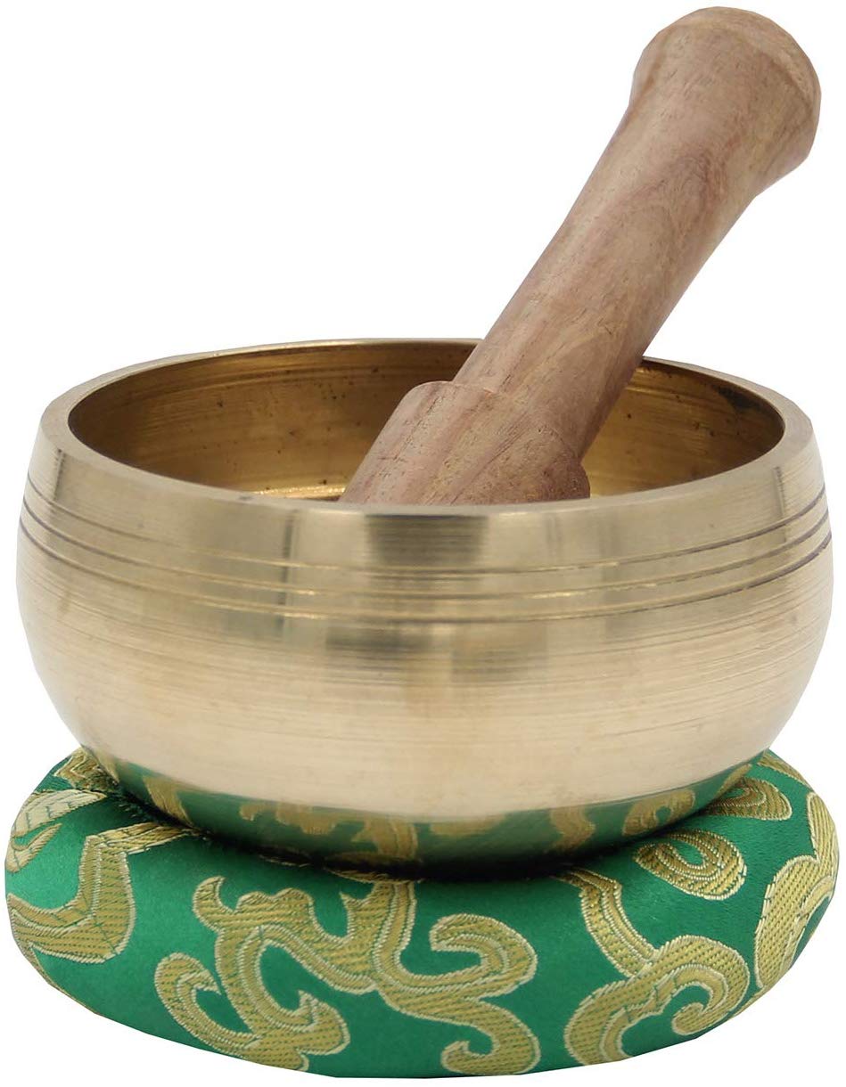 Tibetan OM MANI Singing Bowl Set ~ With Mallet, Brocade Cushion & Carry Bag ~ For Meditation, Chakra Healing, Prayer, Yoga (Gold) - DharmaObjects