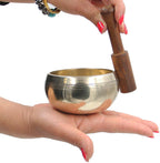 Tibetan OM MANI Singing Bowl Set ~ With Mallet, Brocade Cushion & Carry Bag ~ For Meditation, Chakra Healing, Prayer, Yoga (Gold) - DharmaObjects