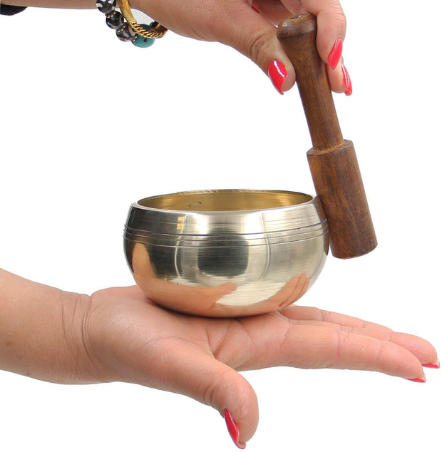Tibetan OM MANI Singing Bowl Set ~ With Mallet, Brocade Cushion & Carry Bag ~ For Meditation, Chakra Healing, Prayer, Yoga (Gold) - DharmaObjects