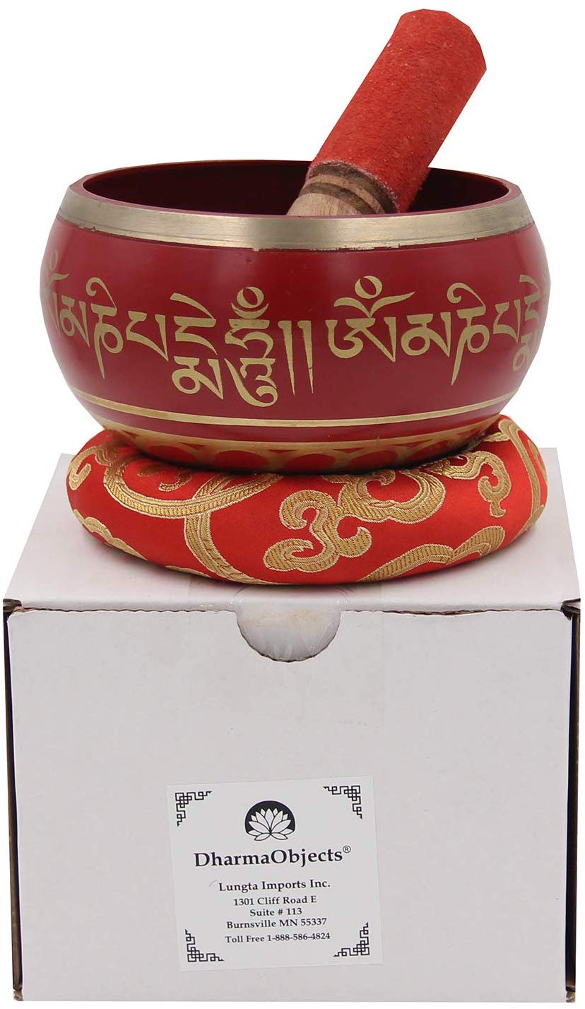 Large ~ Tibetan OM MANI Singing Bowl Set ~ With Mallet, Brocade Cushion & Carry Bag ~ For Meditation, Chakra Healing, Prayer, Yoga (Red) - DharmaObjects