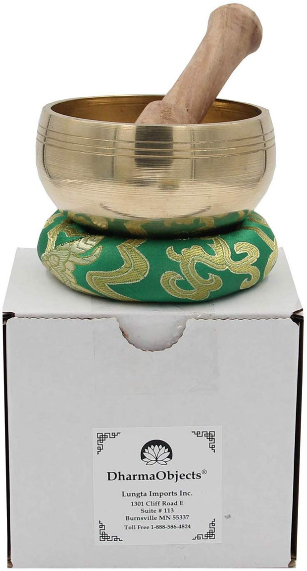 Tibetan OM MANI Singing Bowl Set ~ With Mallet, Brocade Cushion & Carry Bag ~ For Meditation, Chakra Healing, Prayer, Yoga (Gold) - DharmaObjects