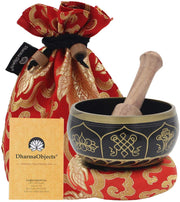 Tibetan OM MANI Singing Bowl Set ~ With Mallet, Brocade Cushion & Carry Bag ~ For Meditation, Chakra Healing, Prayer, Yoga (Eight Lucky Symbol, Black) - DharmaObjects