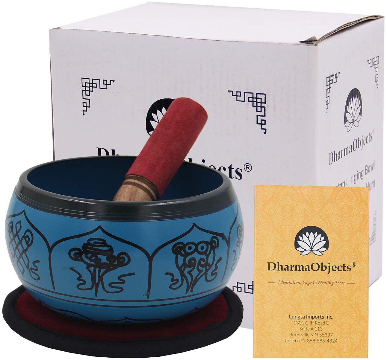 Yoga Meditation 6 Inches 8 Lucky Symbols Singing Bowl/Cushion/Leather Mallet Gift Set (Turquoise) - DharmaObjects