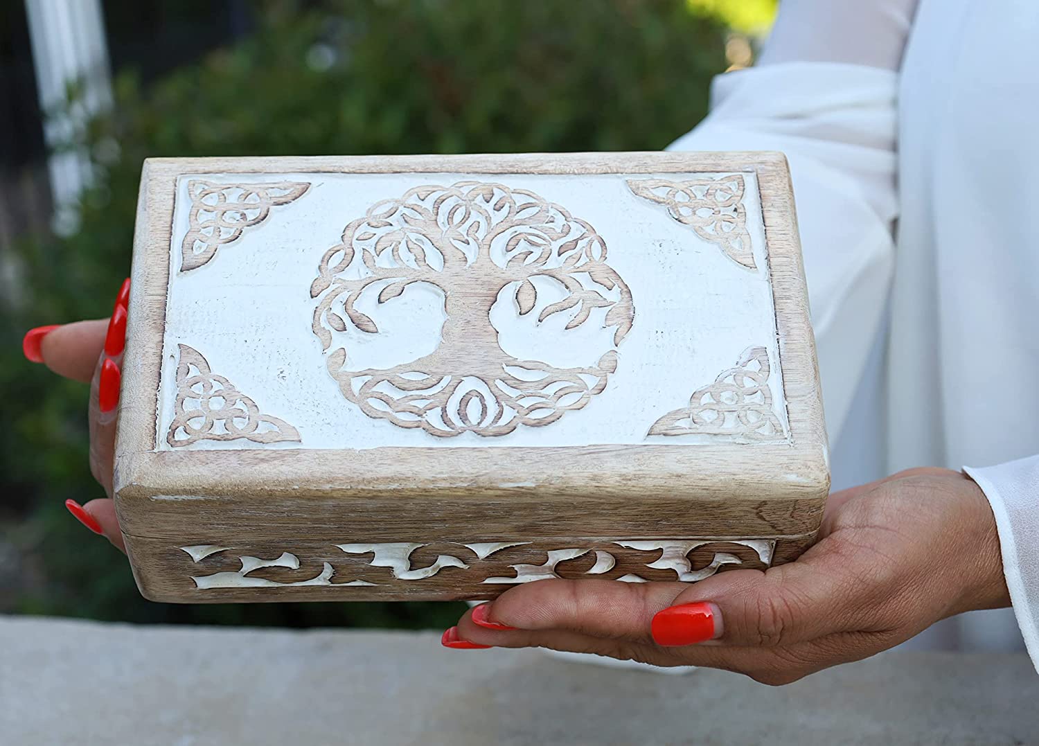 Hand Carved Jewelry Trinket Keepsake Wooden Storage Box (Celtic Tree of Life, Large) - DharmaObjects