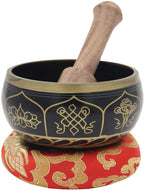 Tibetan OM MANI Singing Bowl Set ~ With Mallet, Brocade Cushion & Carry Bag ~ For Meditation, Chakra Healing, Prayer, Yoga (Eight Lucky Symbol, Black) - DharmaObjects
