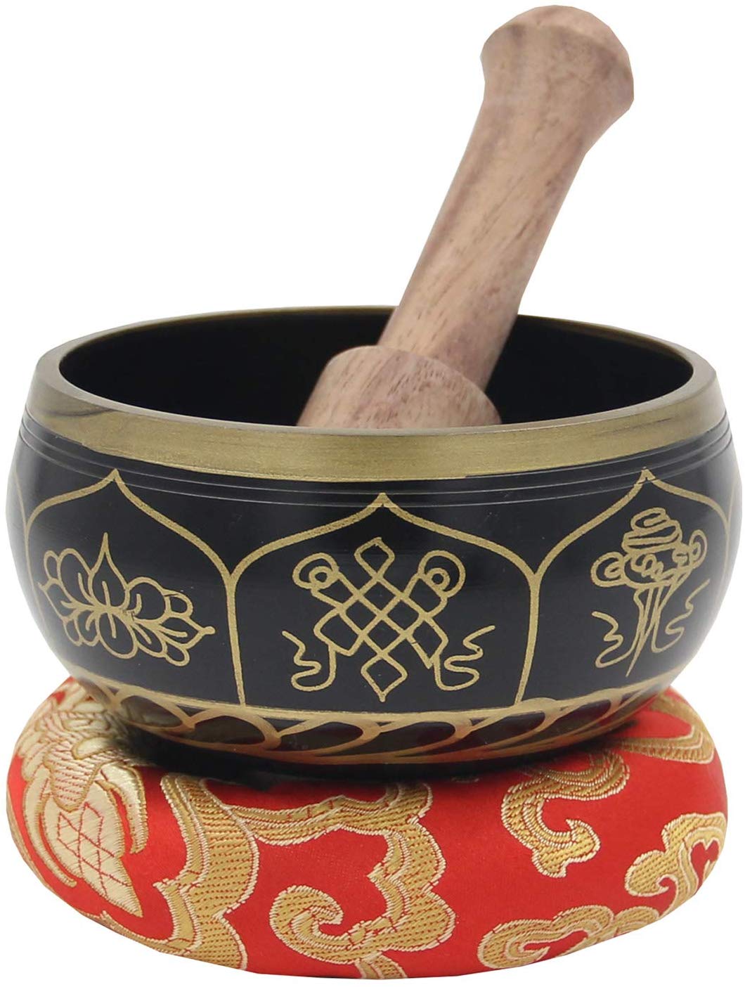 Tibetan OM MANI Singing Bowl Set ~ With Mallet, Brocade Cushion & Carry Bag ~ For Meditation, Chakra Healing, Prayer, Yoga (Eight Lucky Symbol, Black) - DharmaObjects