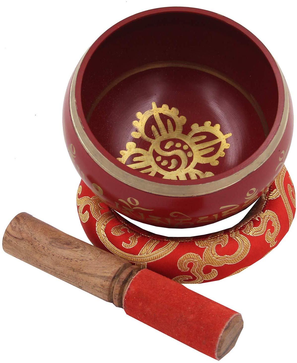 Large ~ Tibetan OM MANI Singing Bowl Set ~ With Mallet, Brocade Cushion & Carry Bag ~ For Meditation, Chakra Healing, Prayer, Yoga (Red) - DharmaObjects