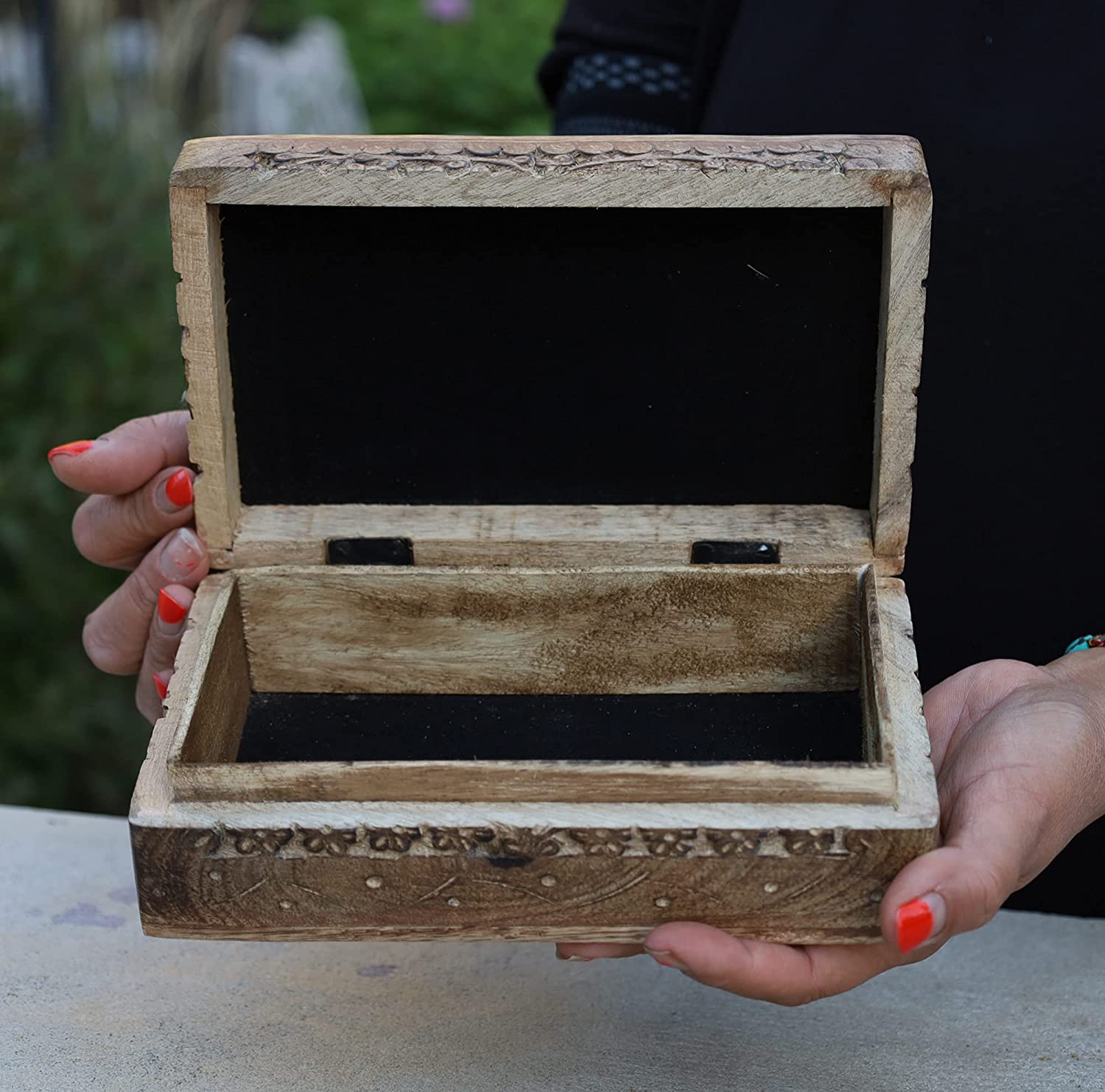 Hand Carved Jewelry Trinket Keepsake Wooden Storage Box (Large, Flower of Life) - DharmaObjects