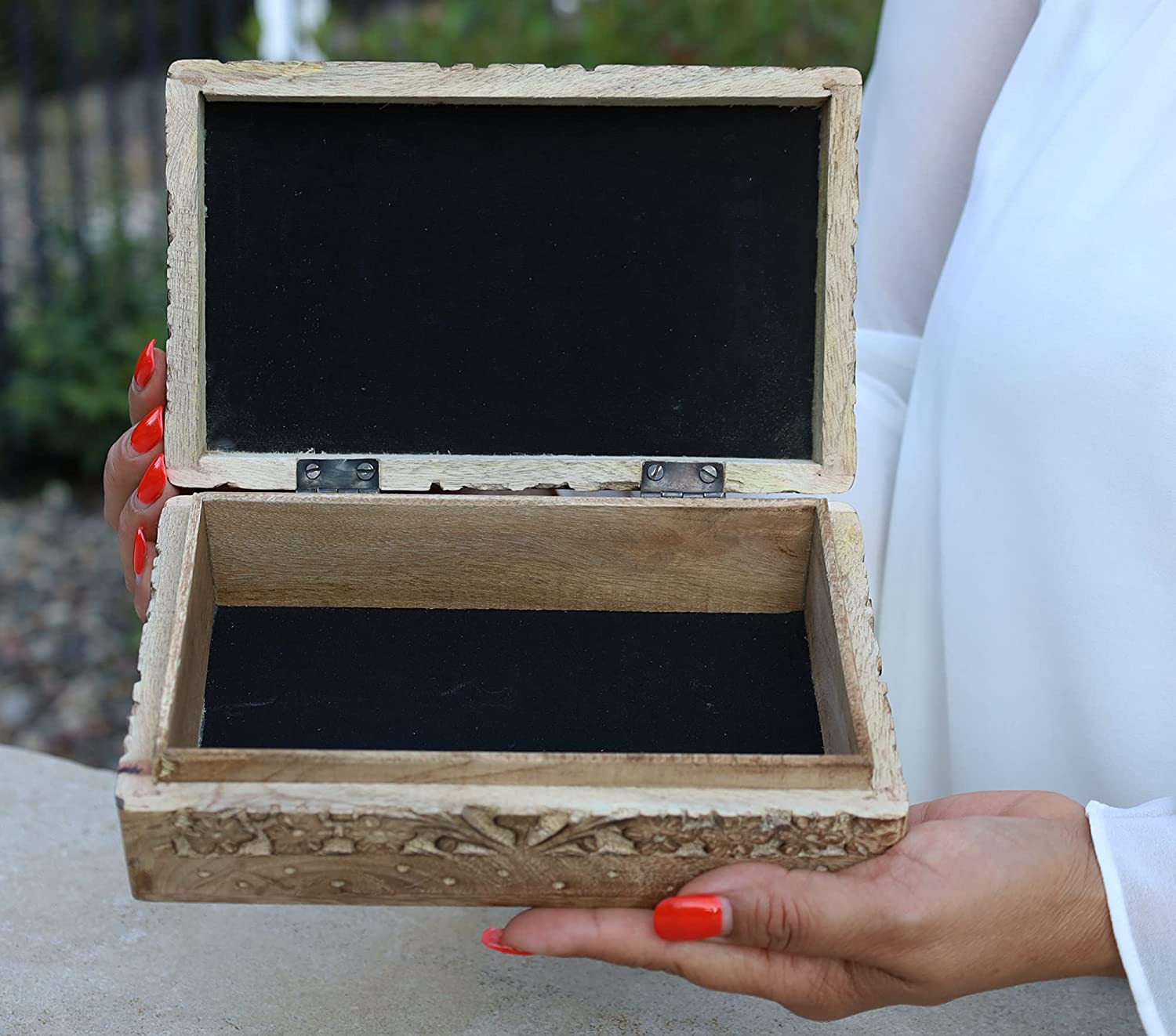 Hand Carved  Peace Sign Jewelry Trinket Keepsake Wooden Storage Box - DharmaObjects