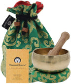 Tibetan OM MANI Singing Bowl Set ~ With Mallet, Brocade Cushion & Carry Bag ~ For Meditation, Chakra Healing, Prayer, Yoga (Gold) - DharmaObjects
