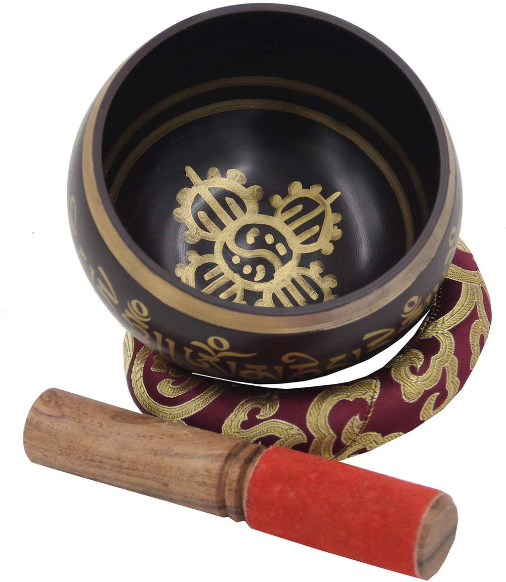 Large ~ Tibetan OM MANI Singing Bowl Set ~ With Mallet, Brocade Cushion & Carry Bag ~ For Meditation, Chakra Healing, Prayer, Yoga (Purple) - DharmaObjects