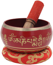 Large ~ Tibetan OM MANI Singing Bowl Set ~ With Mallet, Brocade Cushion & Carry Bag ~ For Meditation, Chakra Healing, Prayer, Yoga (Red) - DharmaObjects