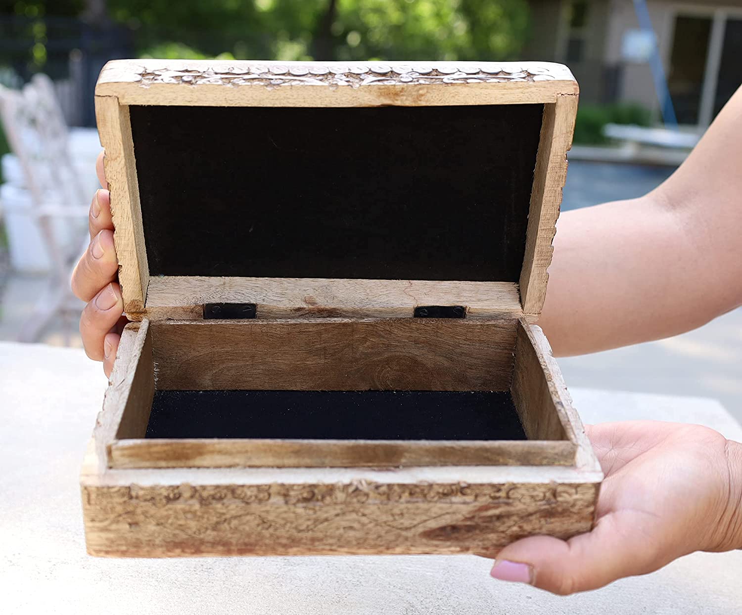 Triple Moon Hand Carved Jewelry Trinket Keepsake Wooden Storage Box (Triple Moon, Large) - DharmaObjects