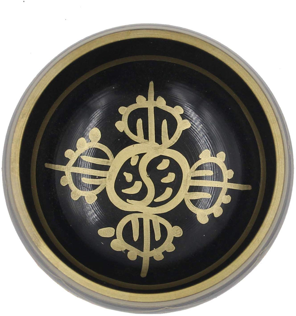 Tibetan OM MANI Singing Bowl Set ~ With Mallet, Brocade Cushion & Carry Bag ~ For Meditation, Chakra Healing, Prayer, Yoga (Eight Lucky Symbol, Black) - DharmaObjects