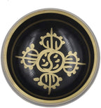 Tibetan OM MANI Singing Bowl Set ~ With Mallet, Brocade Cushion & Carry Bag ~ For Meditation, Chakra Healing, Prayer, Yoga (Eight Lucky Symbol, Black) - DharmaObjects