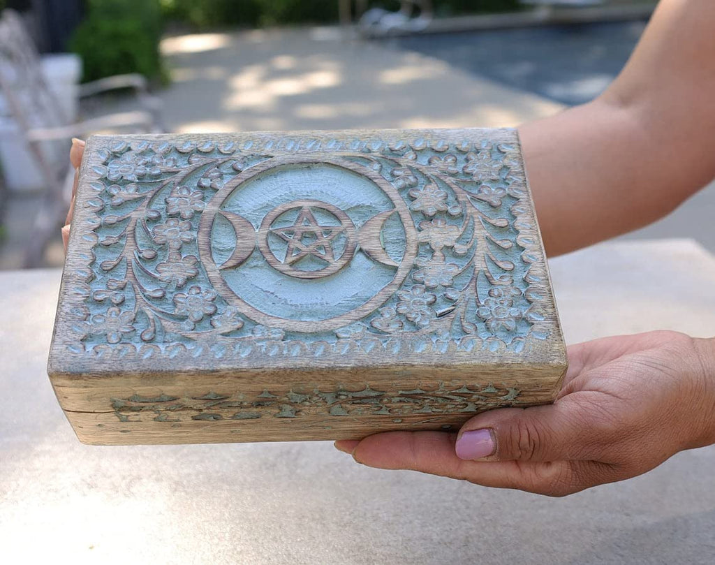 Triple Moon Hand Carved Jewelry Trinket Keepsake Wooden Storage Box (Triple Moon, Large) - DharmaObjects