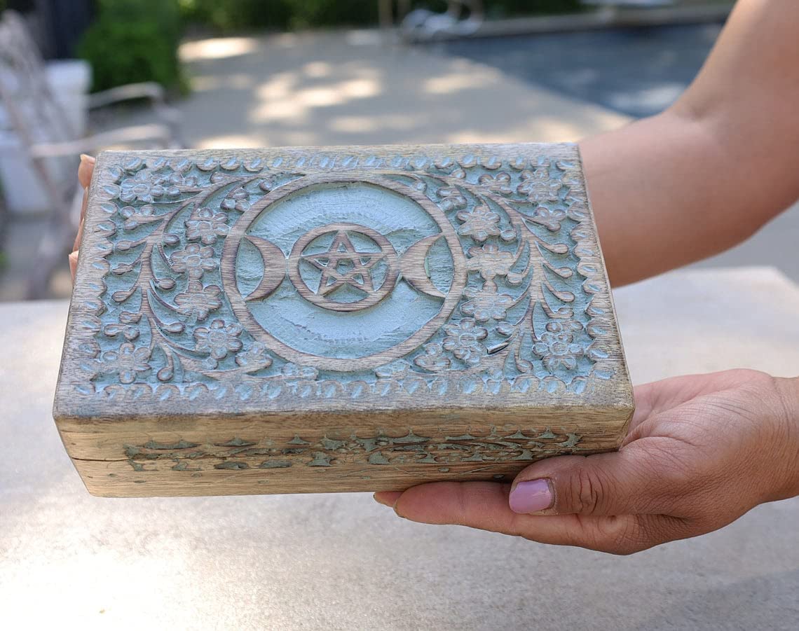 Triple Moon Hand Carved Jewelry Trinket Keepsake Wooden Storage Box (Triple Moon, Large) - DharmaObjects