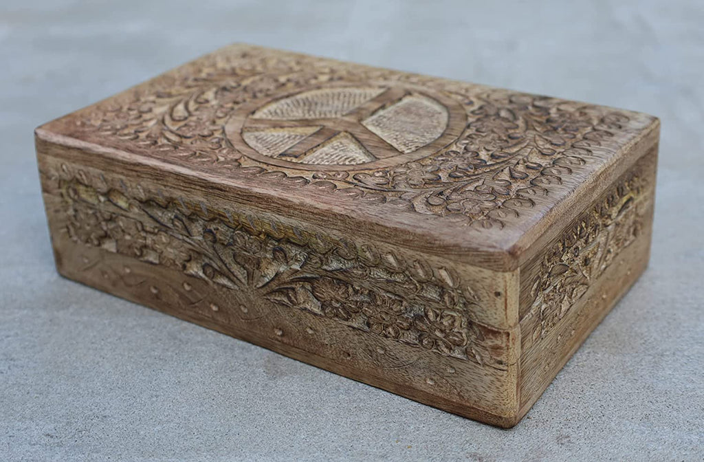 Hand Carved  Peace Sign Jewelry Trinket Keepsake Wooden Storage Box - DharmaObjects