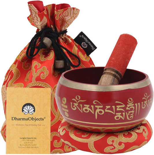 Large ~ Tibetan OM MANI Singing Bowl Set ~ With Mallet, Brocade Cushion & Carry Bag ~ For Meditation, Chakra Healing, Prayer, Yoga (Red) - DharmaObjects