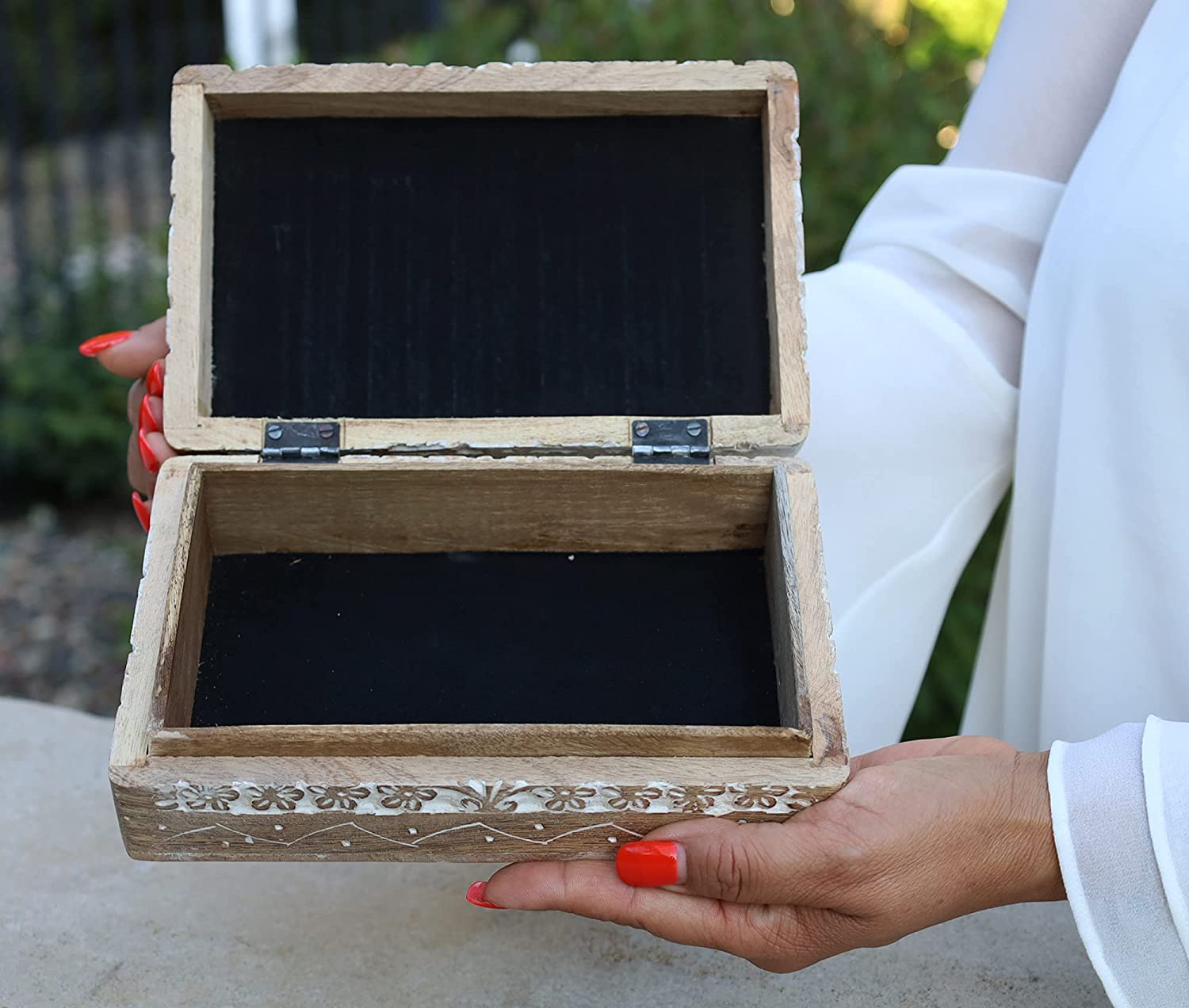 Hand Carved Jewelry Trinket Keepsake Wooden Storage Box (Large, Flower of Life) - DharmaObjects