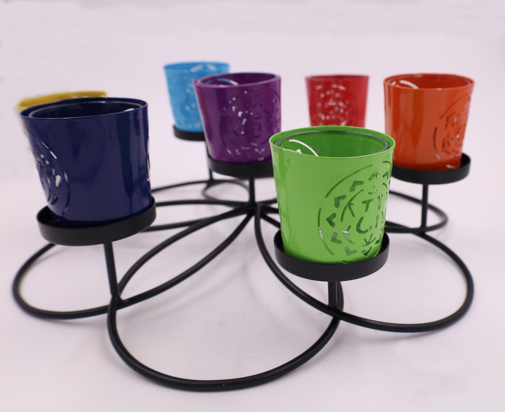 Large Round  Set of 7 Chakra Symbols Votive Tea Light Candle Holder