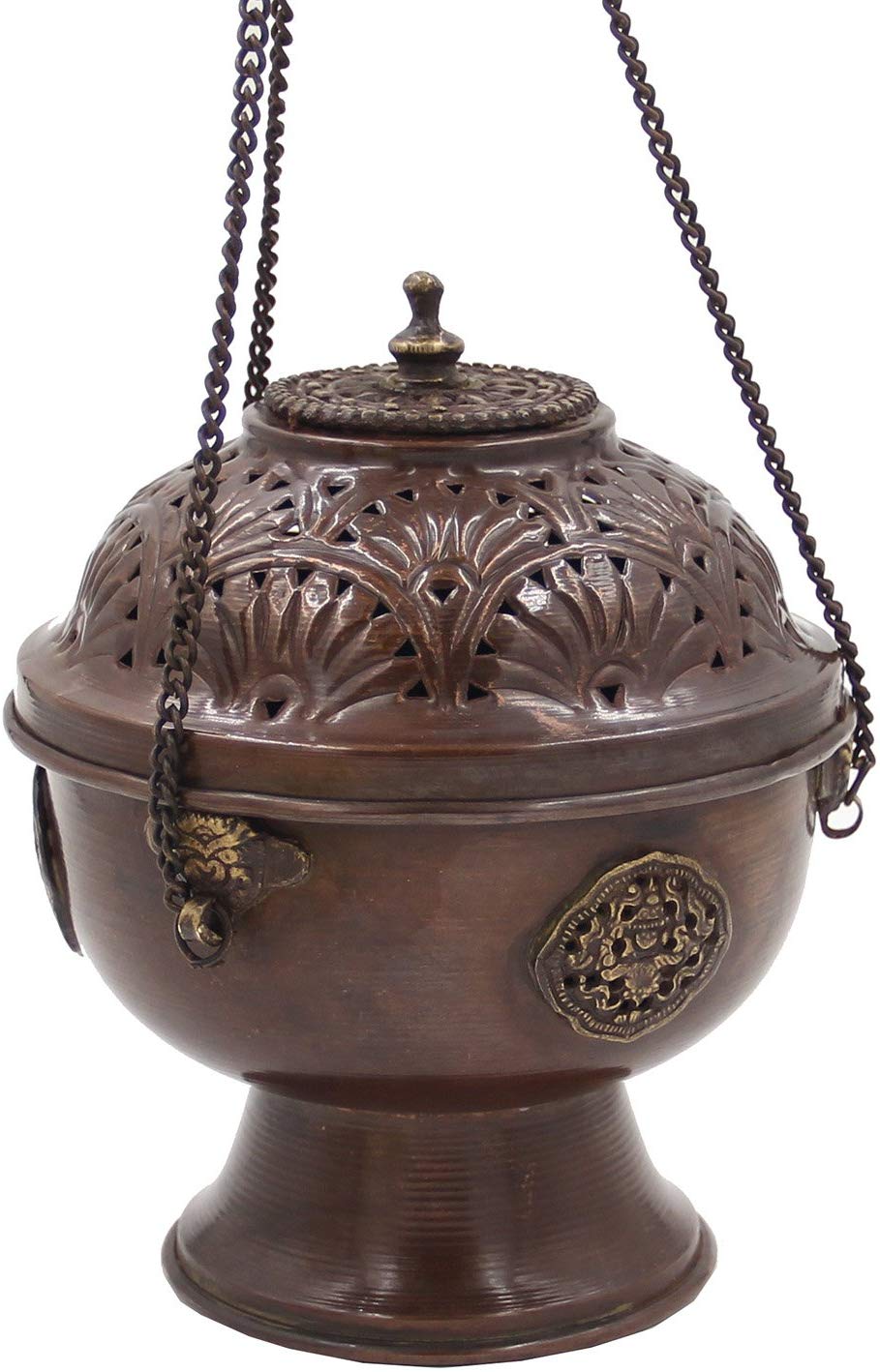 Tibetan Hanging Incense Burner ~ Copper w/Tibetan Symbols ~ 7" High - DharmaObjects