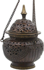 Tibetan Hanging Incense Burner ~ Copper w/Tibetan Symbols ~ 5" High - DharmaObjects