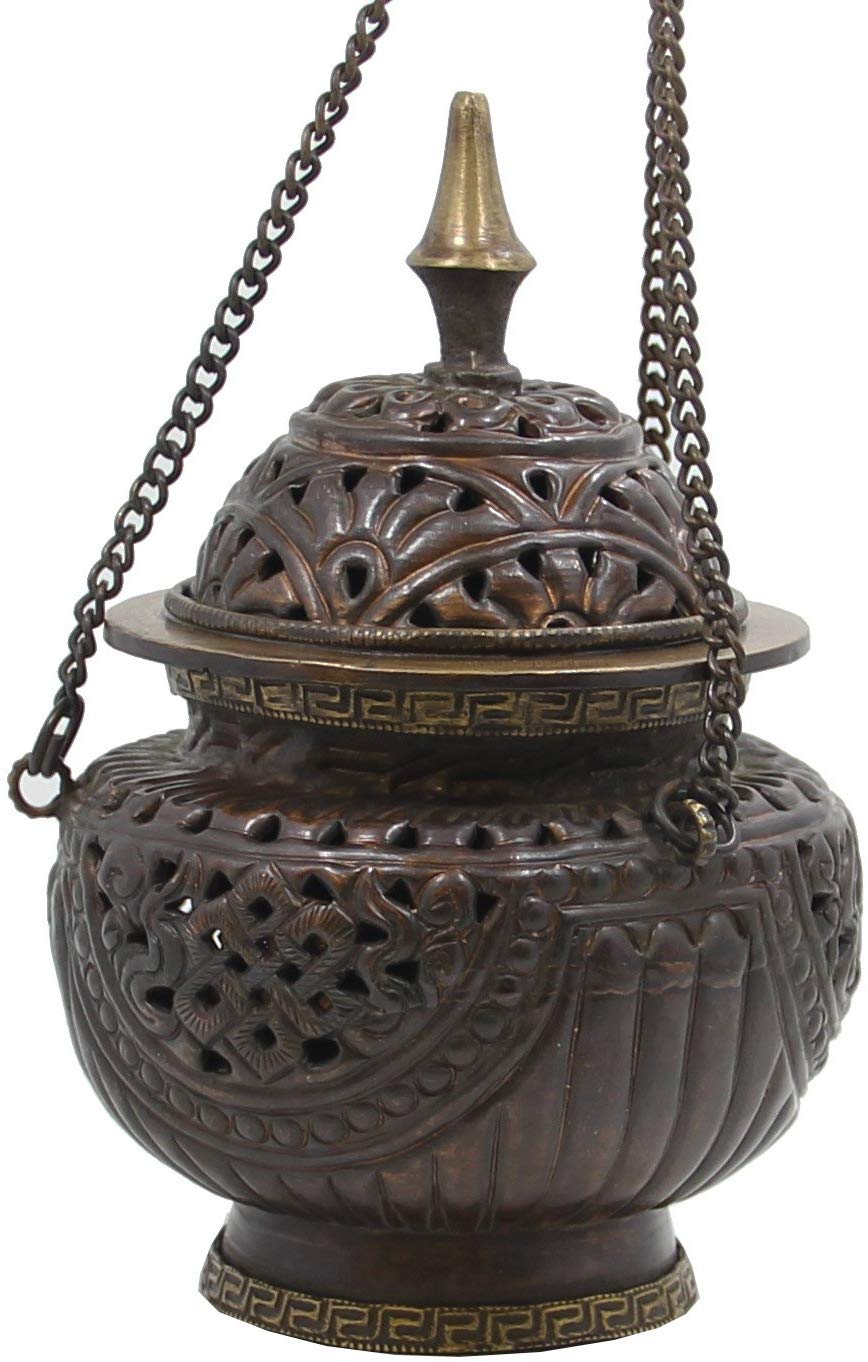 Tibetan Hanging Incense Burner ~ Copper w/Tibetan Symbols ~ 5" High - DharmaObjects