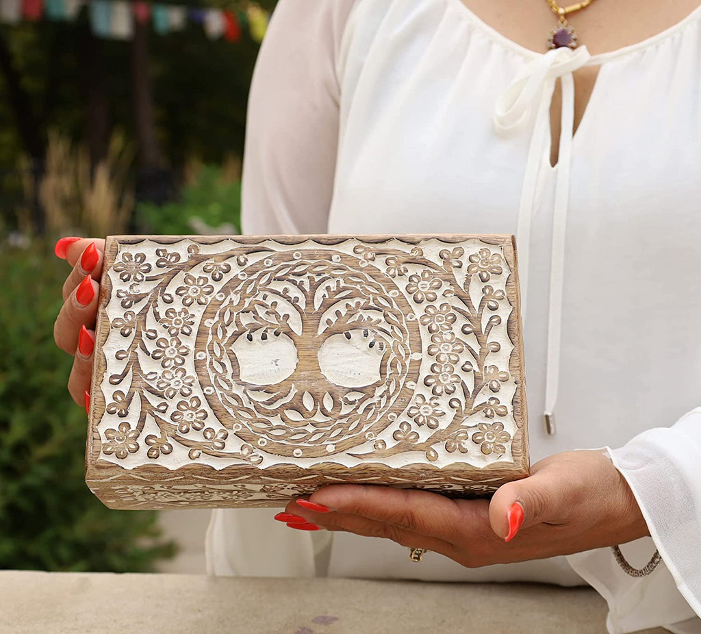 Large Hand Carved Tree of Life Wooden Box Keepsake Storage Multi Utility - DharmaObjects