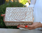Hand Carved Jewelry Trinket Keepsake Wooden Storage Box (Large, Flower of Life) - DharmaObjects
