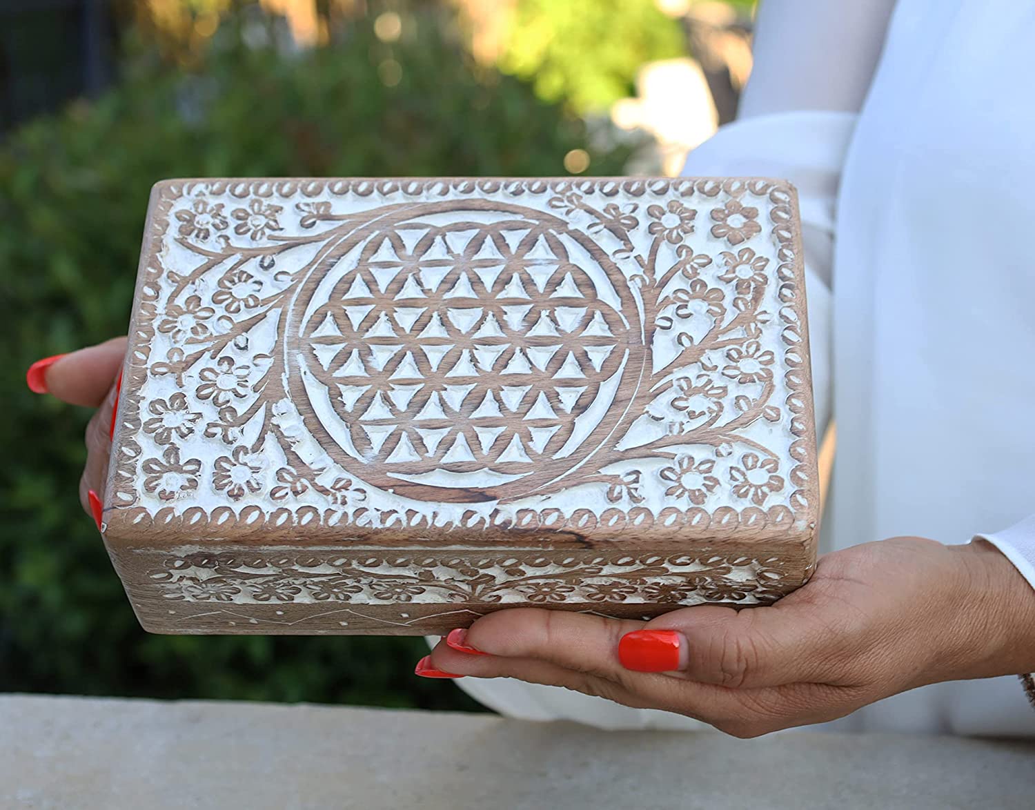 Hand Carved Jewelry Trinket Keepsake Wooden Storage Box (Large, Flower of Life) - DharmaObjects