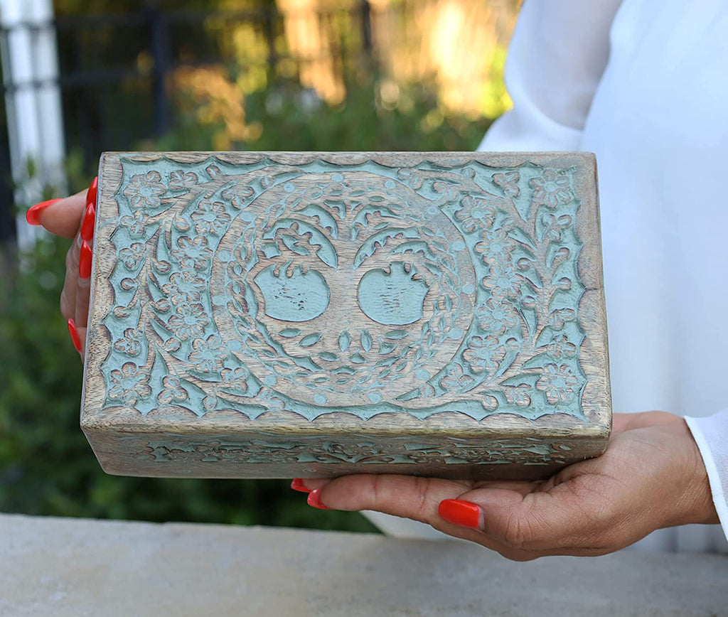 Large Hand Carved Tree of Life Wooden Box Keepsake Storage Multi Utility - DharmaObjects